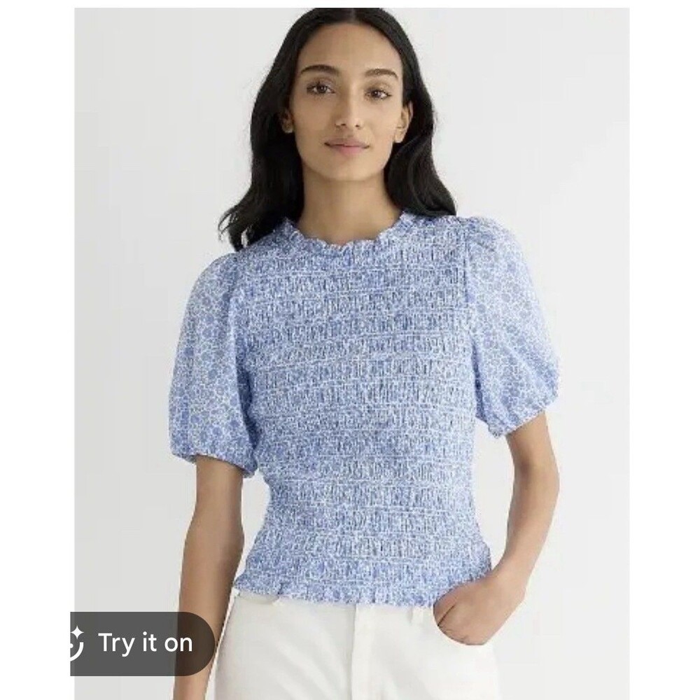 J. Crew Light Blue Smocked Puff Sleeve Top